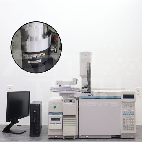 Close up photo of Agilent 5973n Pump GCMS with 7683 Autosampler For Sale at Amptius