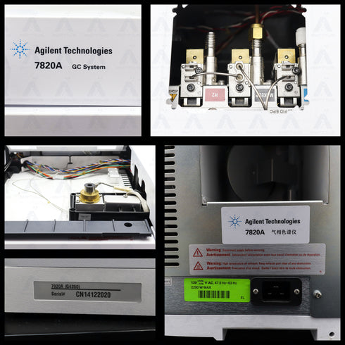 Photo Collage of Agilent 7890A GC System with FID and 7693 Autosampler, showing internal components and back panel labels.