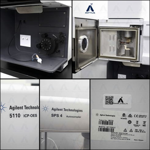 Photo collage of ICP-OES Agilent 5110 with SPS 4 Autosampler, instrument open showing internal components and rear identification panel
