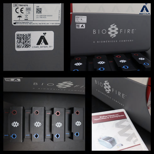 Photo collage showing side views, rear view, FilmArray pouches, and user manual for Biofire Film Array Torch System