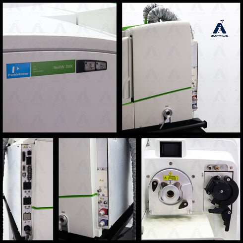 Photo collage of a Perkin Elmer NexION 350X ICP-MS showing ports, brand, model, components and right view panel.