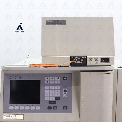 Photo of a Waters 2996 PDA Detector on top of Waters Alliance 2695, showing control panel buttons.