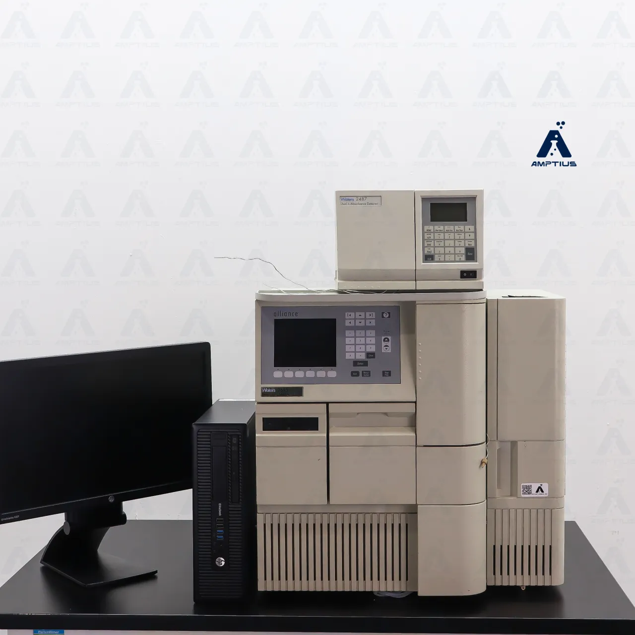 Photo of Waters Alliance 2695 HPLC System with 2487 UV Detector and Computer with Software. Complete System, front view.