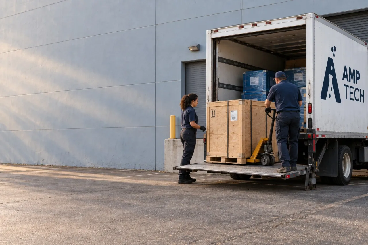 AMP Tech crew loading a wooden instrument crate onto a box truck's liftgate at a lab's loading dock