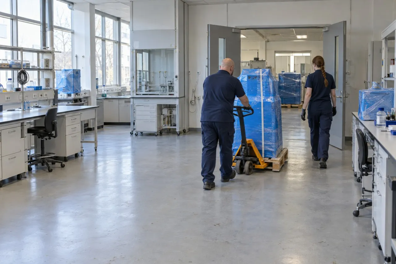 AMP Tech crew moving a shrink-wrapped pallet of lab equipment out of a lab on a pallet jack