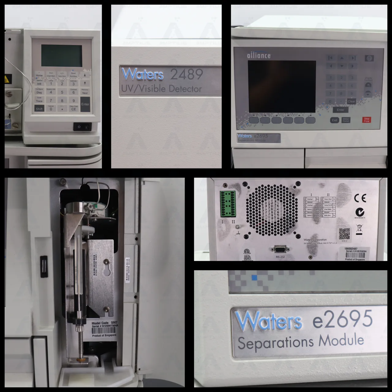 Photo collage of Waters Alliance e2695 HPLC with 2489 UV Visible Detector expertly refurbished by Amp Tech in Central Florida.