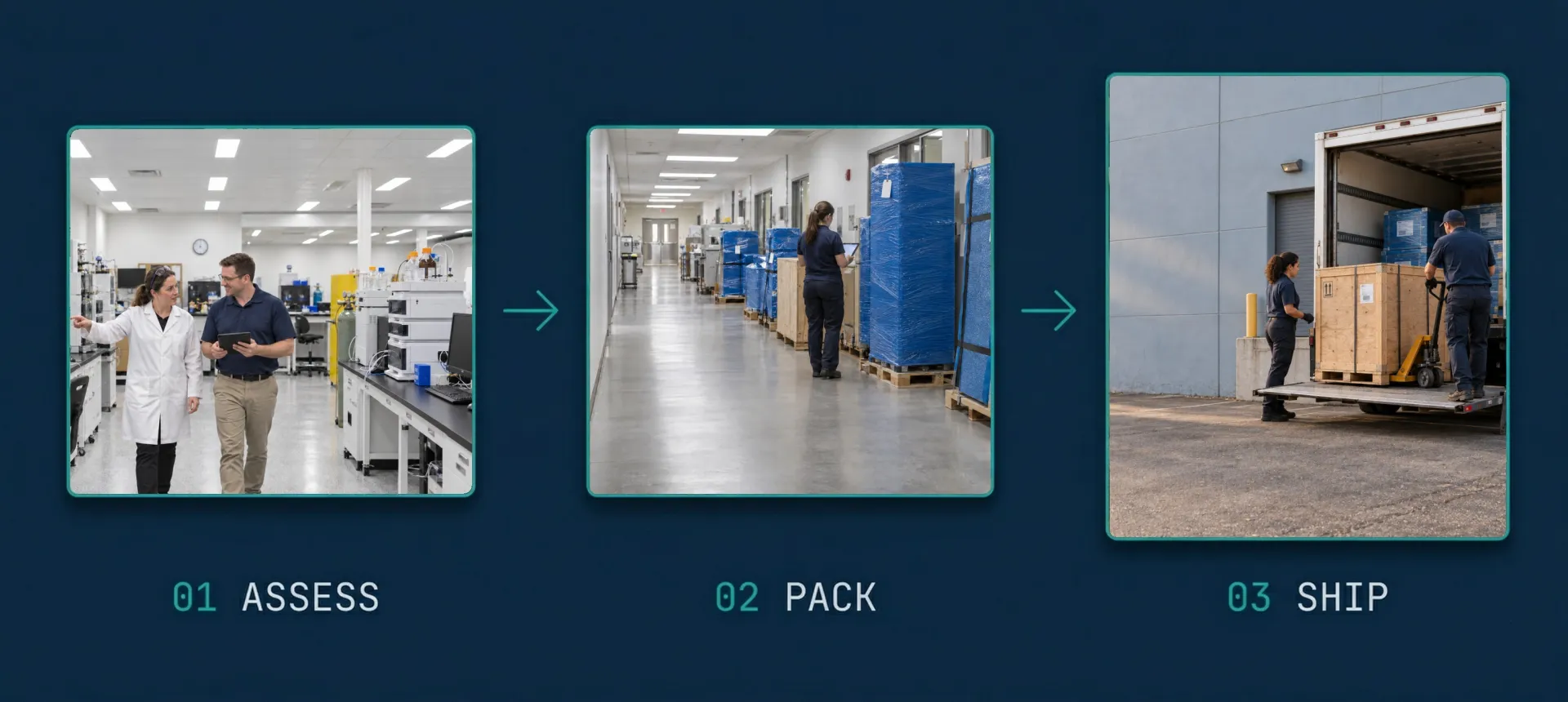 An AMP Tech representative and a lab manager walking through a lab, assessing its instruments