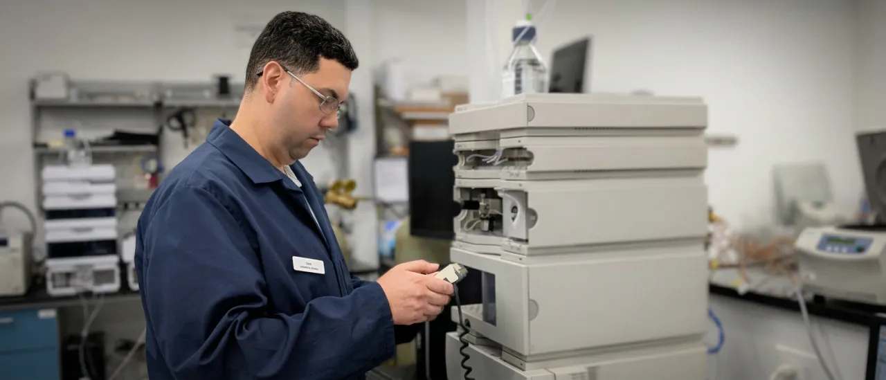 AMP Tech technician inspecting a refurbished Agilent HPLC stack at the Longwood, Florida facility