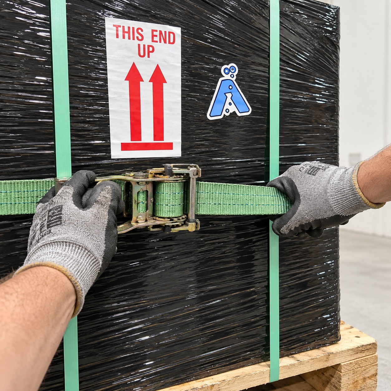 Gloved hands tightening a ratchet strap on a shrink-wrapped pallet at AMP Tech
