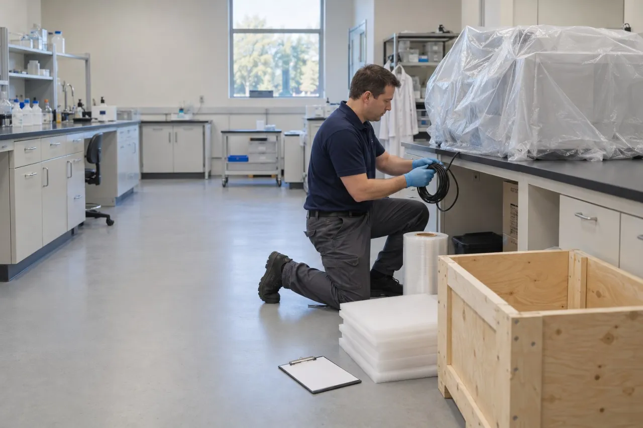 An AMP Tech engineer disconnecting and coiling an instrument's cables during a lab decommissioning