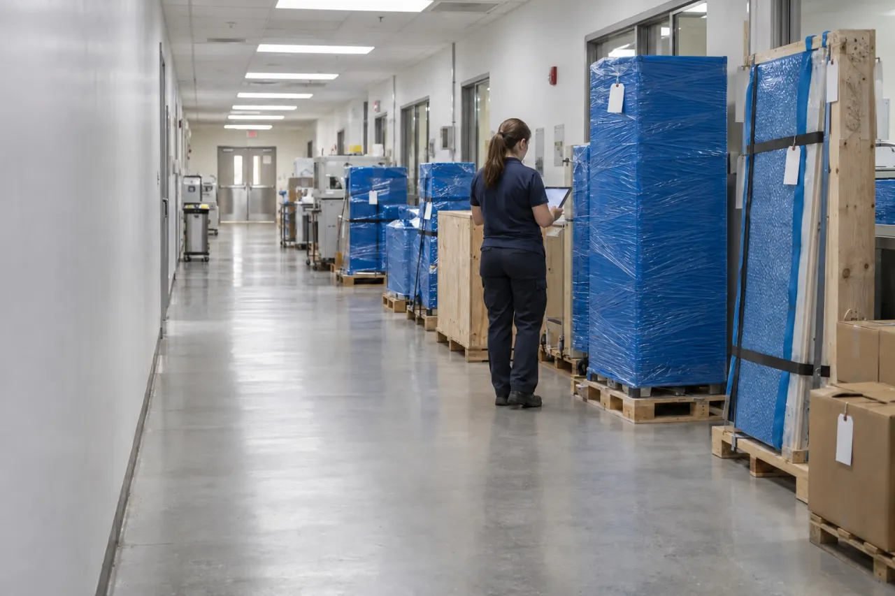 Shrink-wrapped, crated and tagged lab equipment staged in a corridor for AMP Tech's pickup