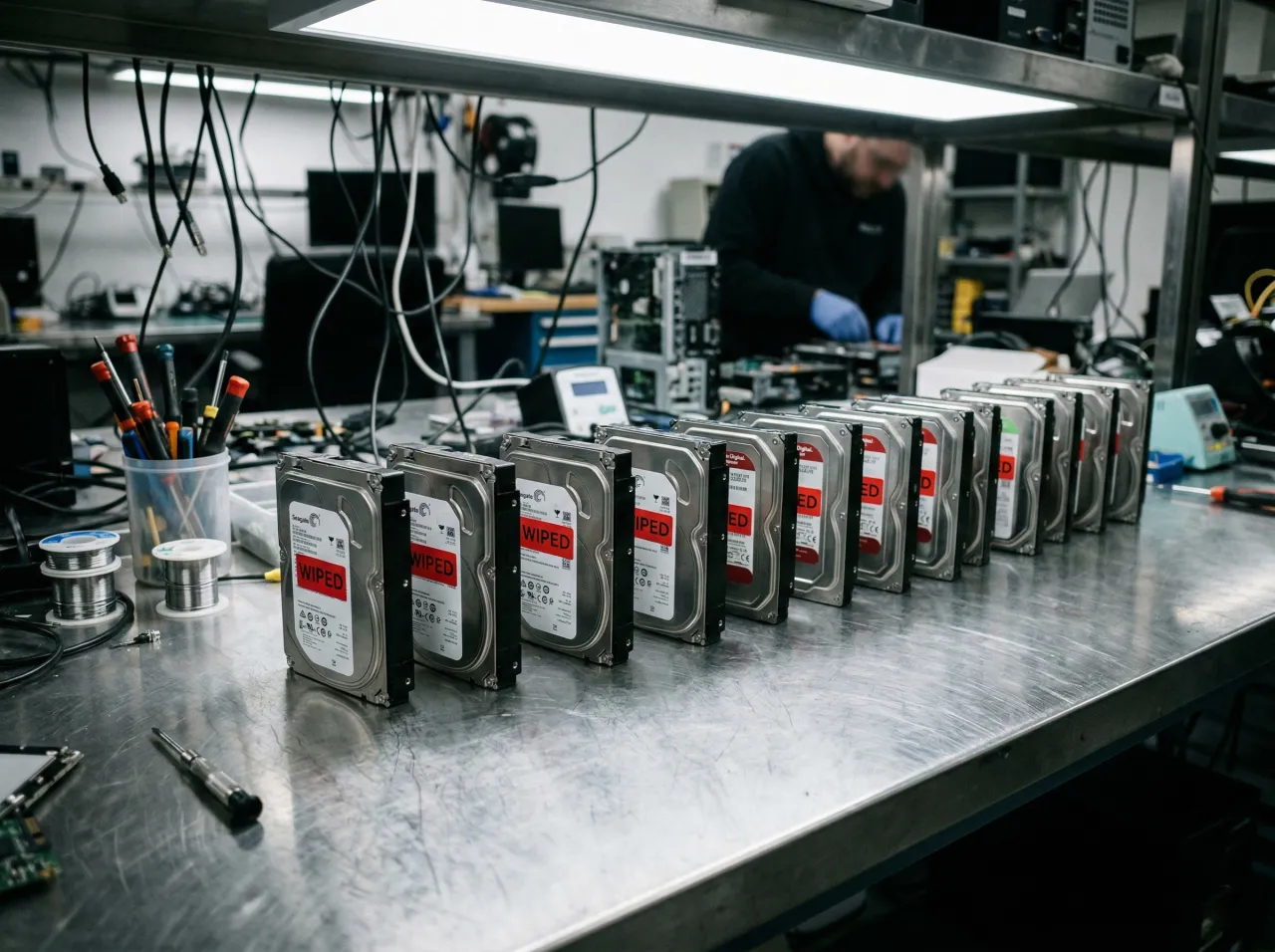 Hard drives labelled WIPED lined up on a workbench after NIST 800-88 data destruction, technician in the background