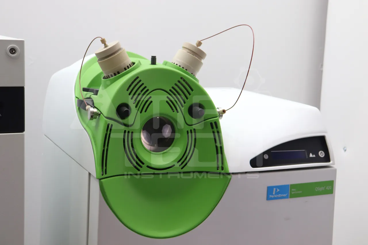Close-up of the green ion source of a PerkinElmer QSight 420 triple quadrupole mass spectrometer