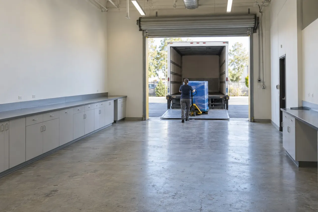 A cleared-out lab as an AMP Tech crew member wheels the last wrapped pallet onto the truck