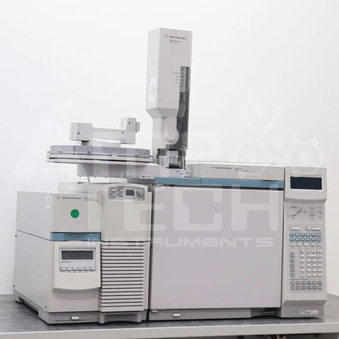 Photo of Agilent 6890N 5973N EI/CI Turbo Pump GCMS System with 7683 Autosampler with AMP Tech Instruments watermark for Sale at an Excellent Price
