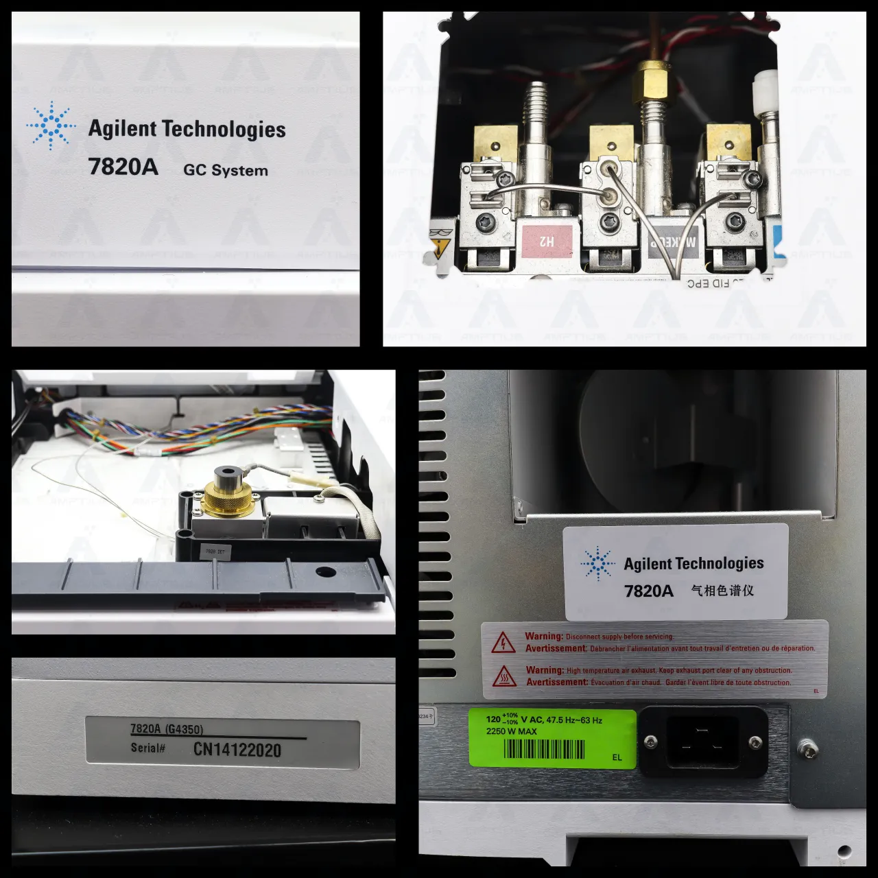 Photo Collage of Agilent 7820A GC-FID System with 7693 Autosampler, showing internal components and back panel labels.